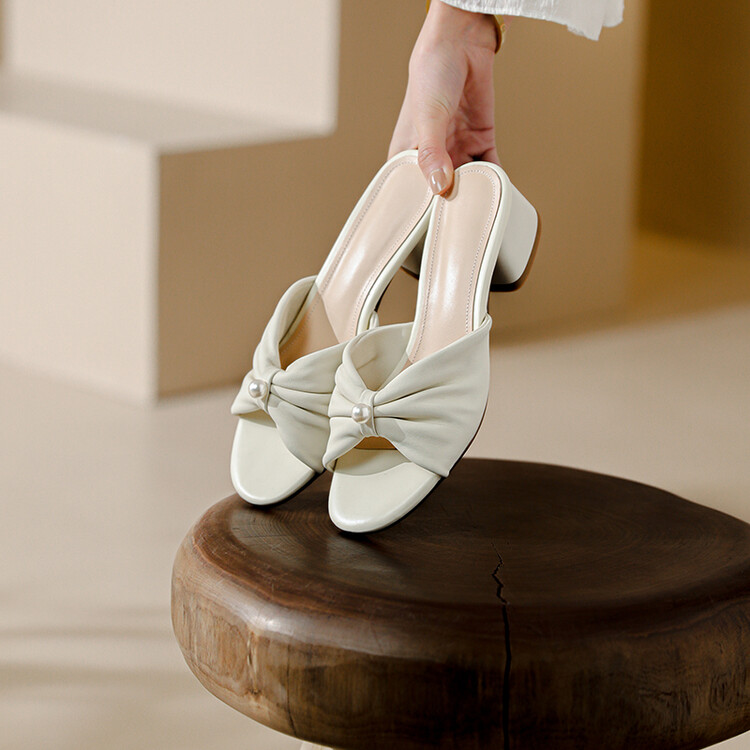 Minimalist Sheepskin Slippers with Beaded Bow and Chunky Mid Heel