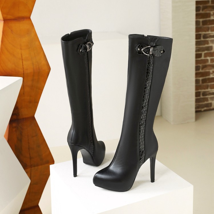 Women's High Heel Stiletto Boots - PU Upper, Faux Fur Lining, Side Zip, Black