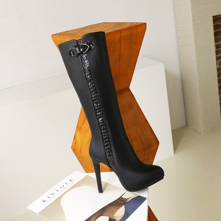 Women's High Heel Stiletto Boots - PU Upper, Faux Fur Lining, Side Zip, Black
